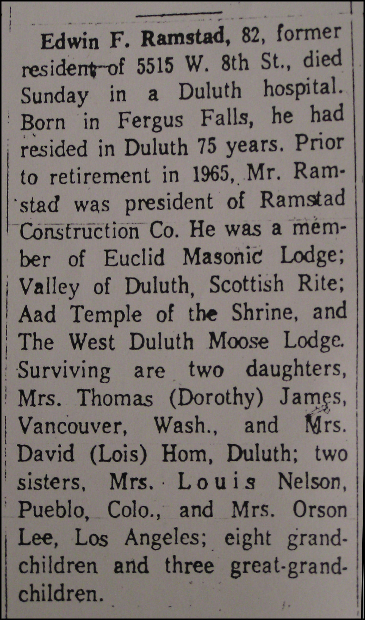 Ed Ramstad Obit 1968